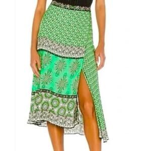 Alice + Olivia Nanette Mock Wrap Midi Skirt Boho Romance Jade Multi Size 14 NWT